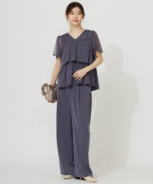 ANY SIS 【洗える】ティアードトップス×ワイドパンツSET スモーキーブルー