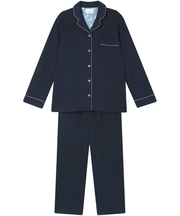 une nana cool 【綿混】ソフトコットンリブ 長袖開襟パジャマ MADE WITH LIBERTY FABRIC ネイビー