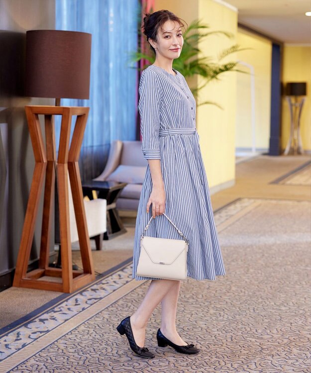 Tiaclasse L 【洗える】ベルト付きストライプワンピース ネイビー