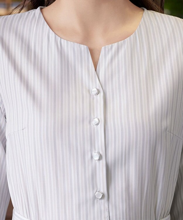 Tiaclasse 【洗える】ベルト付きストライプワンピース オフホワイト