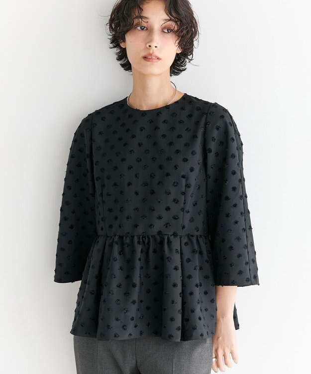 #Newans 【洗濯機可】ジャガ―ドドットペプラムブラウス ブラック