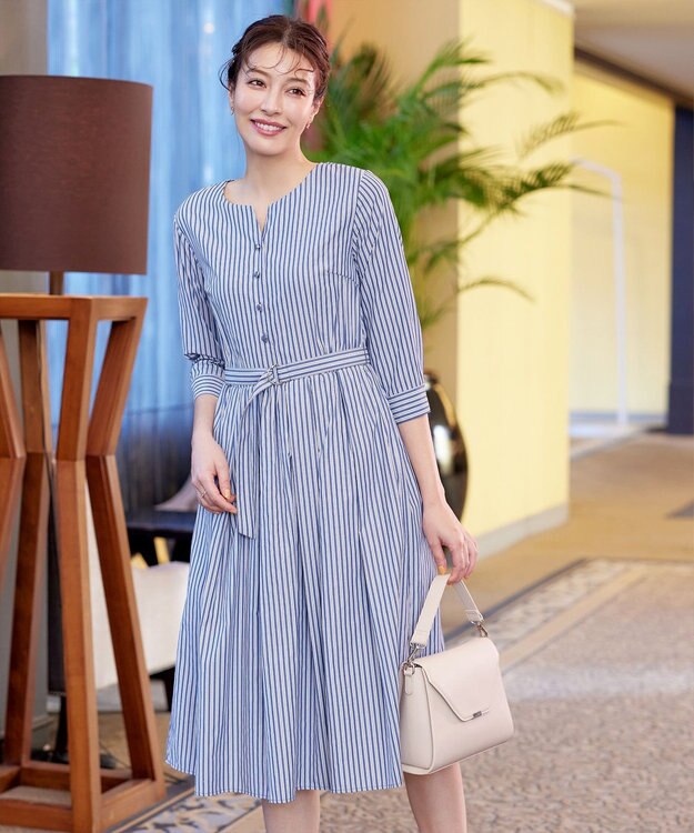 Tiaclasse L 【洗える】ベルト付きストライプワンピース ネイビー