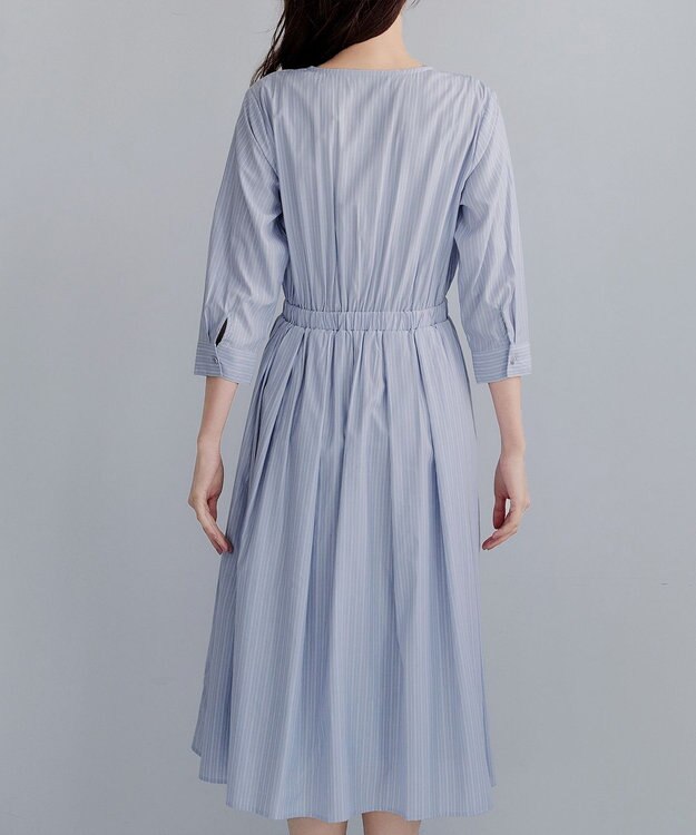 Tiaclasse 【洗える】ベルト付きストライプワンピース サックス