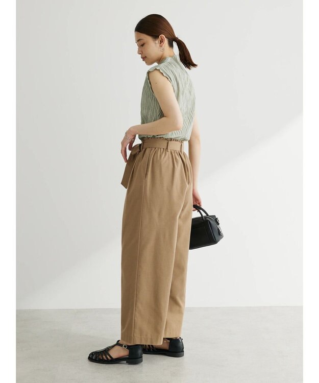 Green Parks 綿麻混リボン付ワイドパンツ Dark Beige