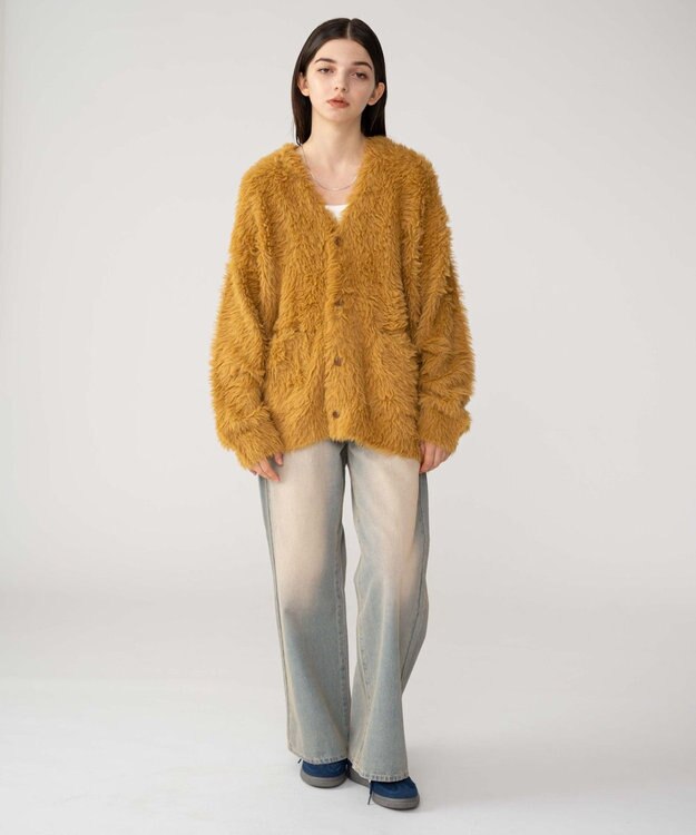 WEGO 【2025秋冬新作/ユニセックス着用ITEM/SMLサイズ展開】フェザーニットカーディガン イエロー