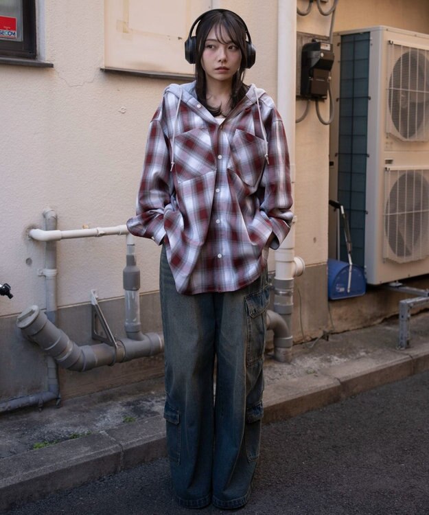 WEGO 【ユニセックス着用ITEM/MLサイズ展開】オンブレチェックフードシャツ（LS） レッドチェック1