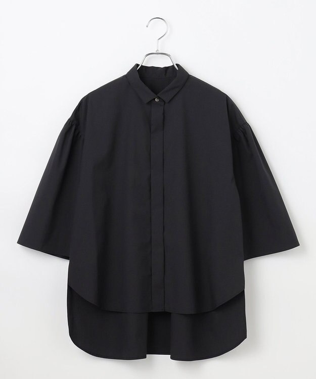 #Newans 【洗濯機可能/シワになりにくい】〈お尻・太ももをカバー〉フレアスリーブイタリアンカラーシャツ ブラック