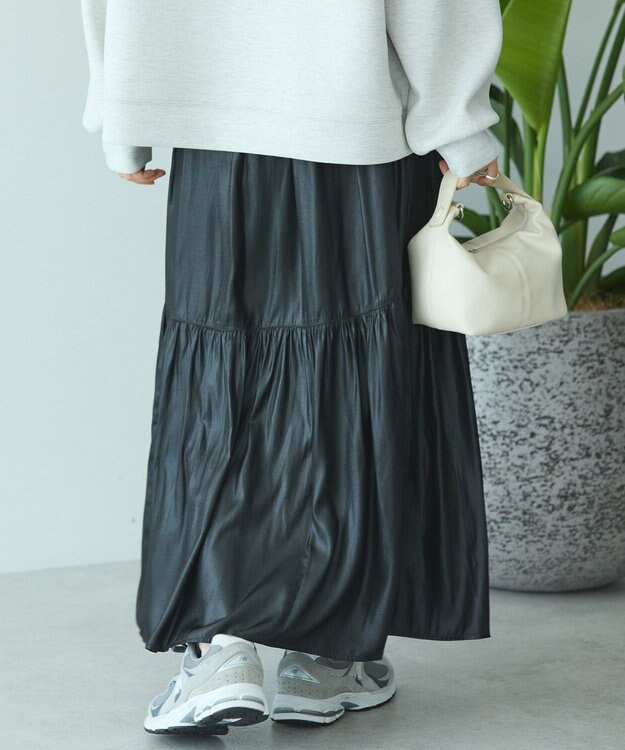 AMERICAN HOLIC 【選べる丈】チンツ加工ティアードスカート Black