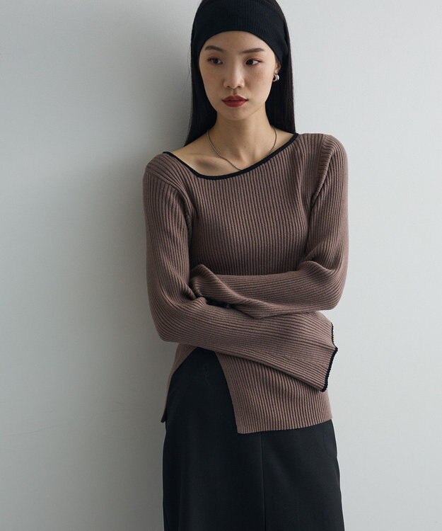 Green Parks 前後２ｗａｙアシンメトリー袖フレアリブニット Gray Beige