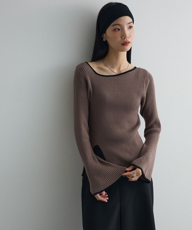 Green Parks 前後２ｗａｙアシンメトリー袖フレアリブニット Gray Beige