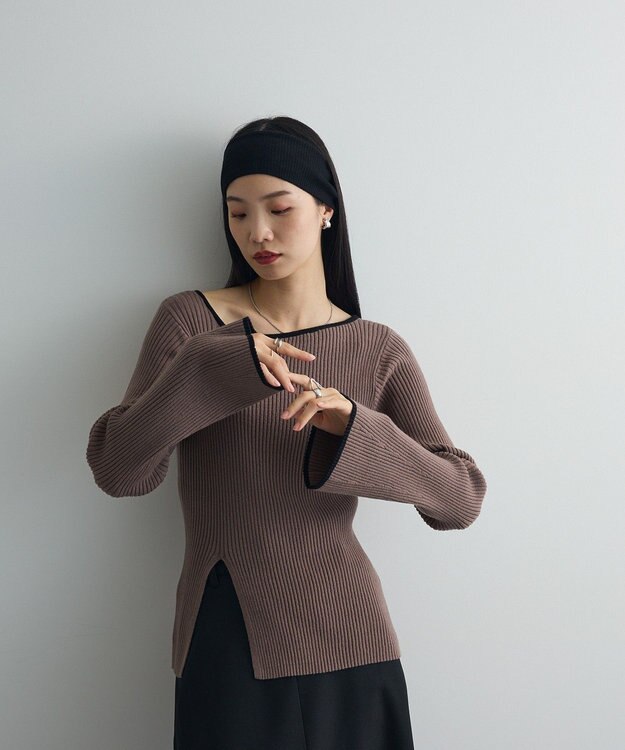 Green Parks 前後２ｗａｙアシンメトリー袖フレアリブニット Gray Beige