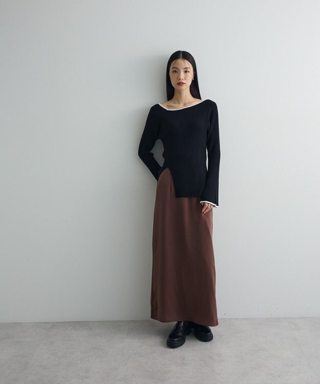 Green Parks 前後２ｗａｙアシンメトリー袖フレアリブニット Black