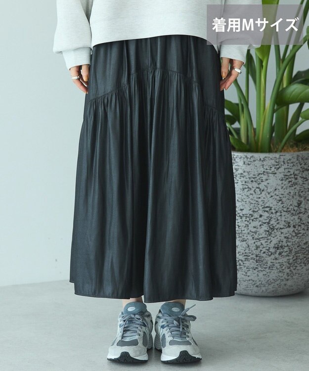 AMERICAN HOLIC 【選べる丈】チンツ加工ティアードスカート Black