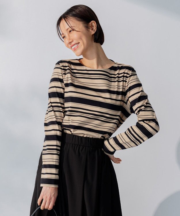 自由区 【洗える】コットンポンチボーダー クルーネック カットソー ベージュ（J）