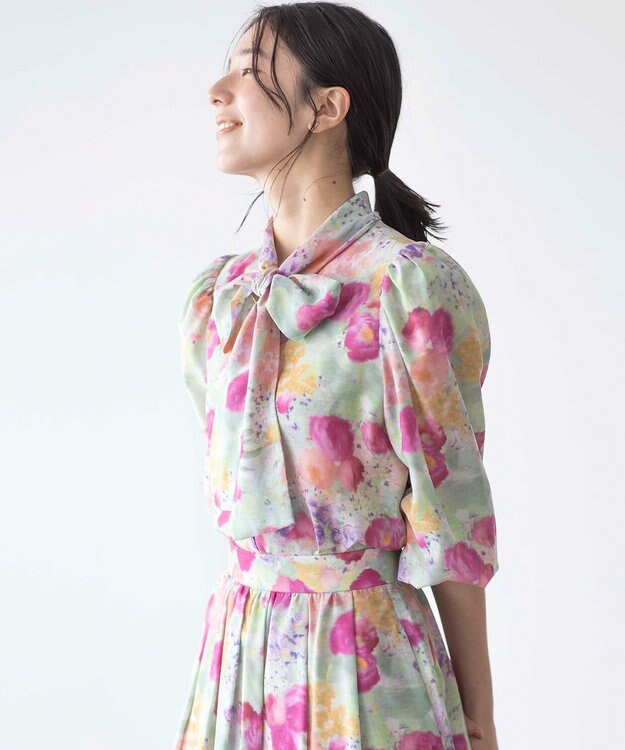 組曲 【前後着用可】ピオニーシフォンプリント ボウタイブラウス ピンク系5