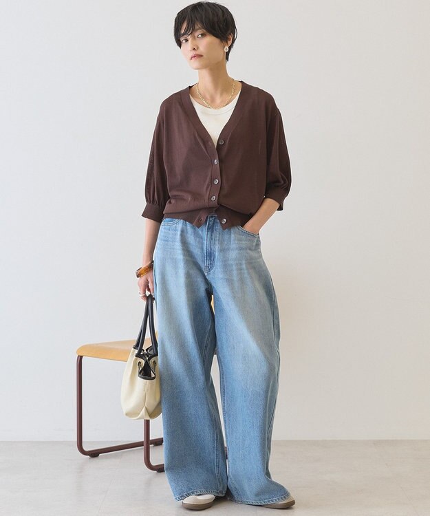 AMERICAN HOLIC 5分袖シアーVネックニットカーディガン Brown