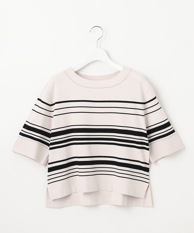 J.PRESS LADIES 【洗える】RAYON ELITE STRETCH ボーダー ニットT ベージュ×ブラック系