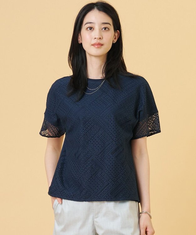 J.PRESS LADIES S 【一枚で着映え・シーンレスに活躍】タイルライクレース クルーネック カットソー ネイビー系