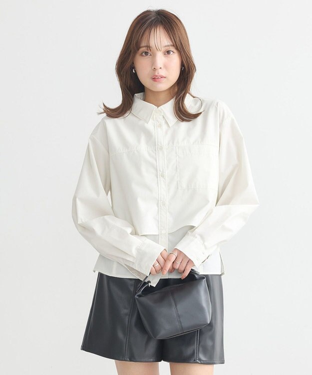 earth music&ecology ロールアップスリーブボクシーシャツ Off White