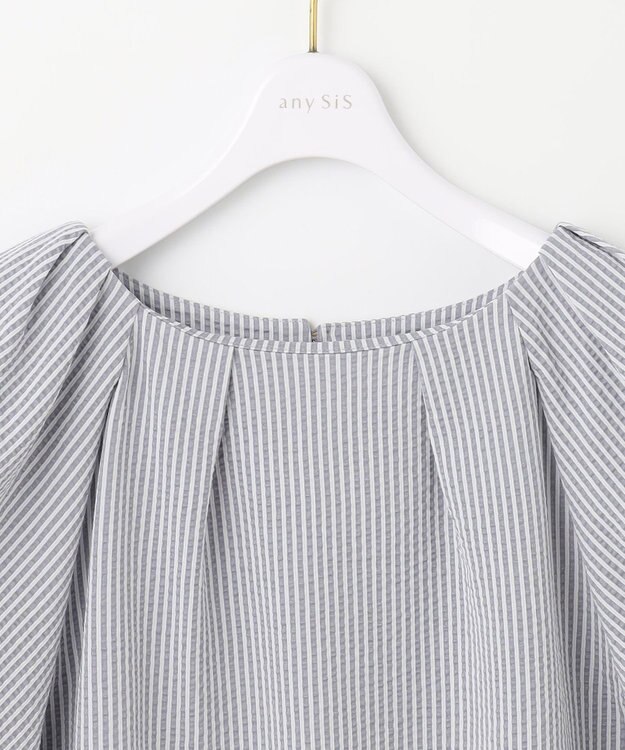 ANY SIS L 【洗える】ランタンスリーブサッカー ブラウス ブルーストライプ