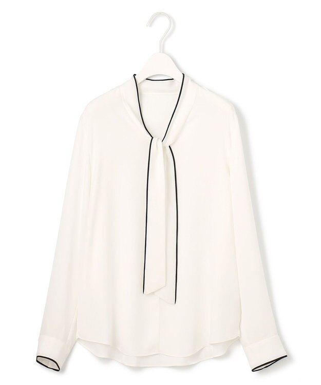 ICB L 【UVケア・速乾・接触冷感・洗える】BackSatinAmunzen 配色ボウタイブラウス オフホワイト系