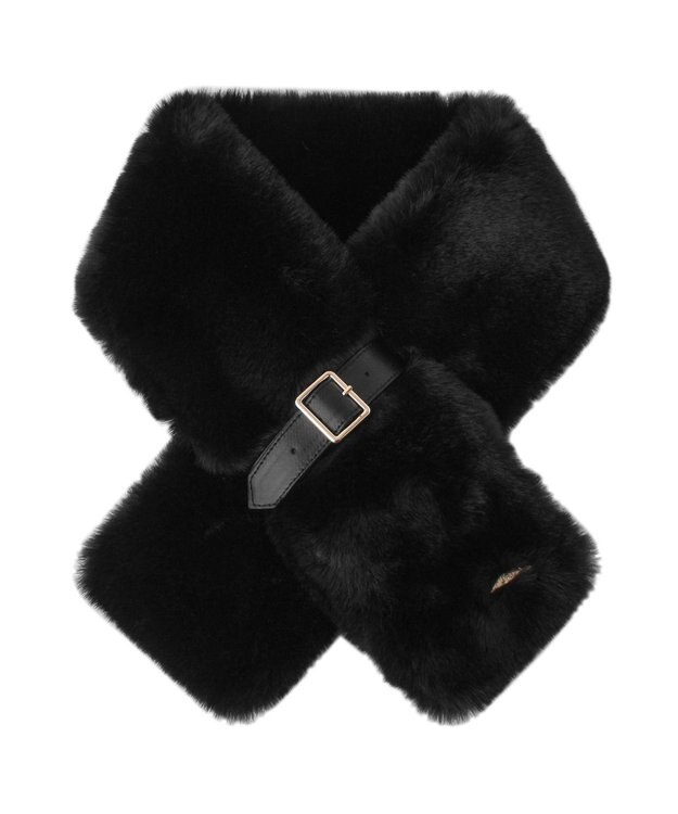 MOONBAT 【大人百花1月号掲載】FURLA フェイクファーマフラー ベルト差し込み ファーティペット ロゴプレート付 ブラック