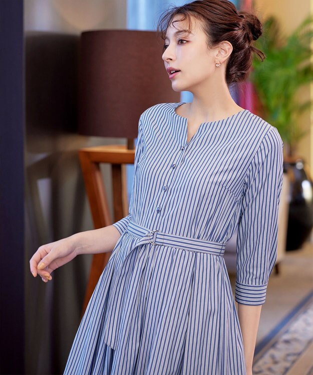 Tiaclasse 【洗える】ベルト付きストライプワンピース ネイビー