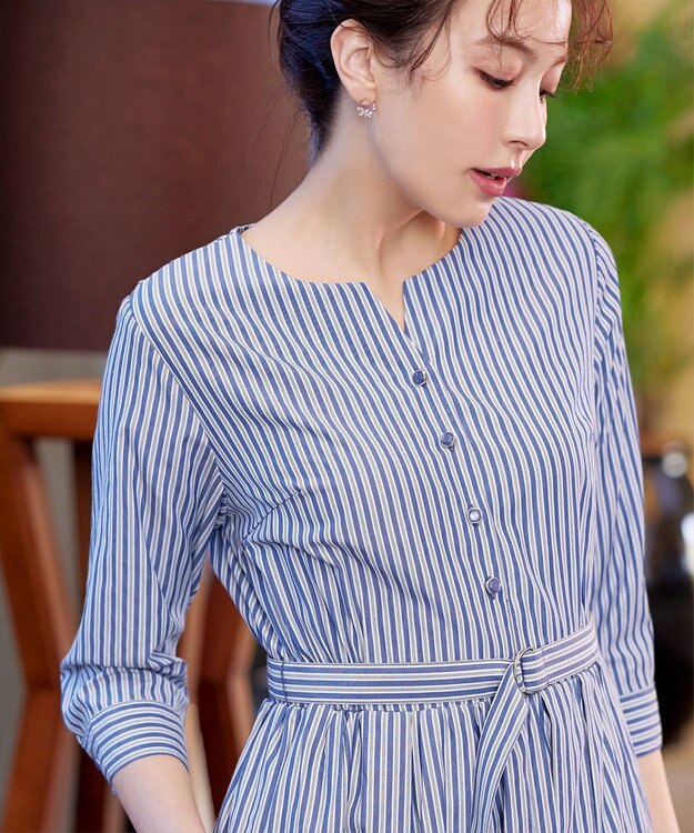 Tiaclasse L 【洗える】ベルト付きストライプワンピース ネイビー