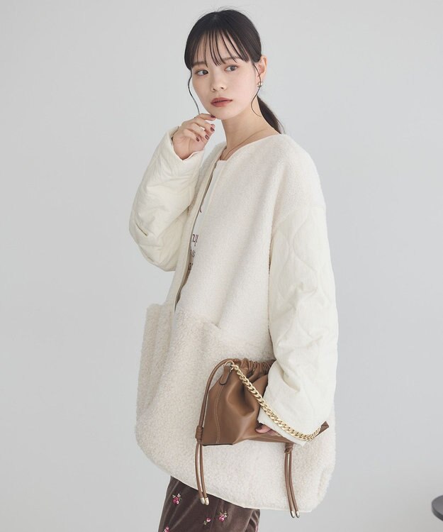 earth music&ecology ボアキルトミドルコート Ivory