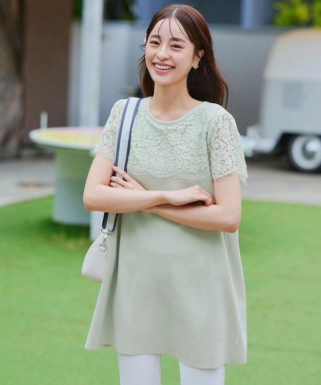 Tiaclasse 【洗える】レースコンビフレンチスリーブニットチュニック ミント