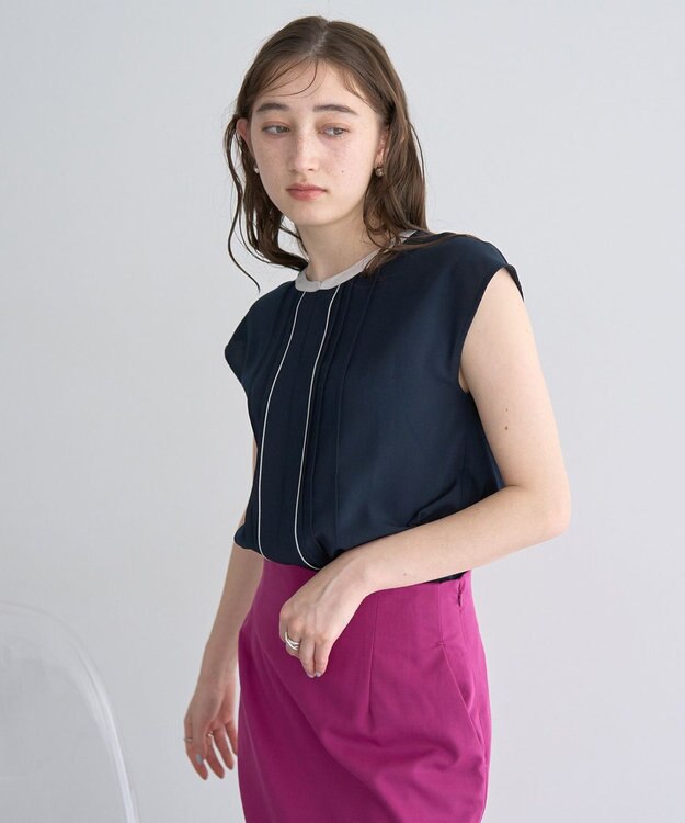 YECCA VECCA 配色タックデザインブラウス Navy