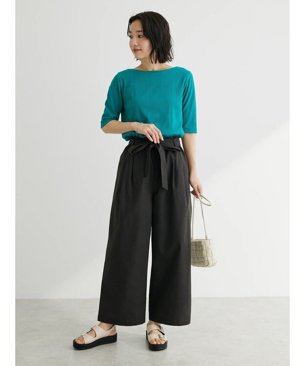 Green Parks 綿麻混リボン付ワイドパンツ Dark Gray