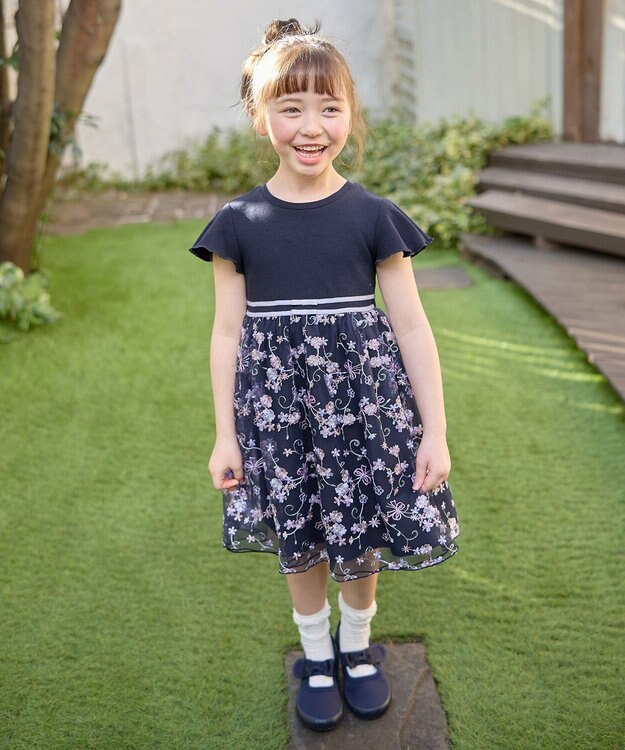ANY KIDS 刺繍 チュール ワンピース ネイビー