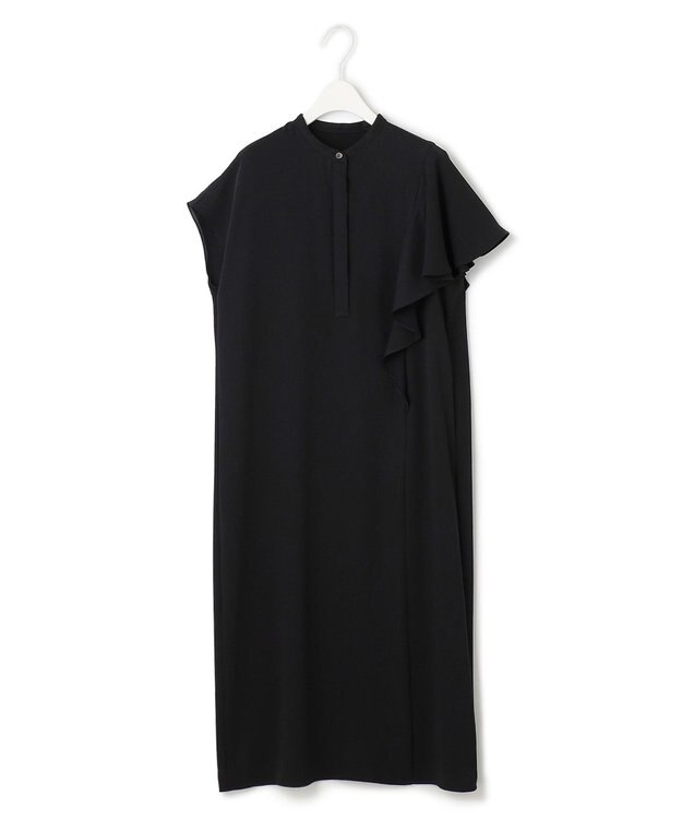 ICB 【接触冷感・UVケア・防シワ・洗える】エステルダブルクロス ラッフルスリーブワンピース ブラック系