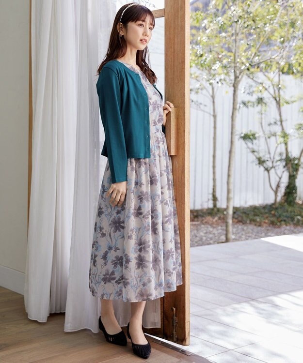 Tiaclasse 【小倉優子さん着用・洗える】大花柄シフォンワンピース ブルー