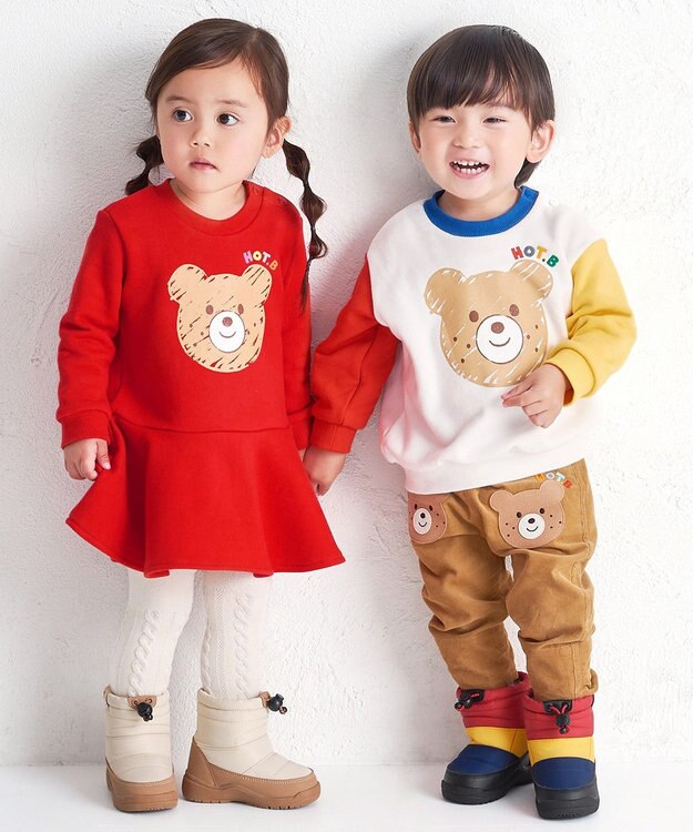 MIKI HOUSE HOT BISCUITS 【80-120cm】ビッグフェイスプリント 裏毛パイル素材 フレアワンピース 赤