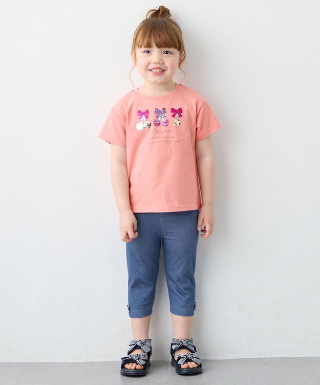 ANY KIDS 【綿100%】ドロップショルダーミラクルスパンコールTシャツ コーラル×サクランボ