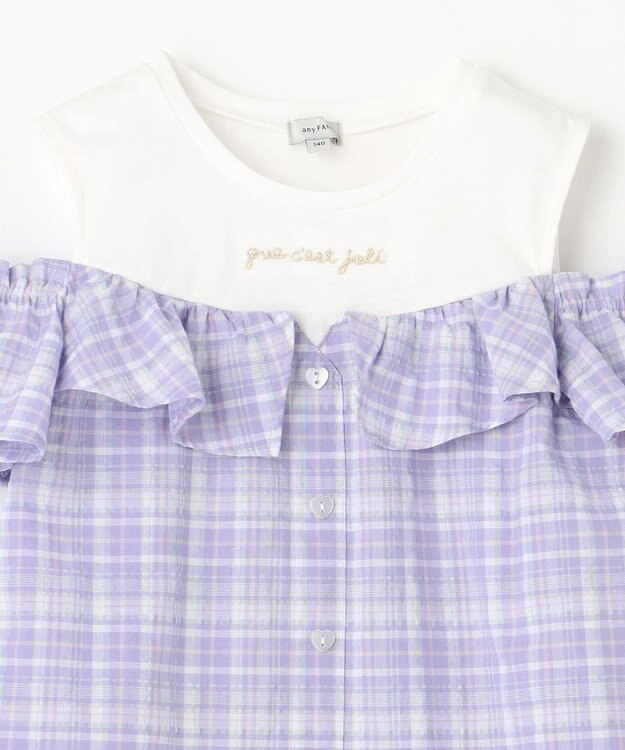 ANY KIDS オフショルダー フリル ブラウス ラベンダー系チェック
