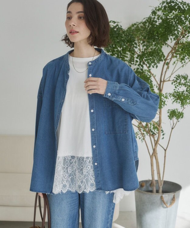 WEGO 【ANGIE VINTAGE】オーバーサイズ バンドカラー デニムシャツ ブルーその他