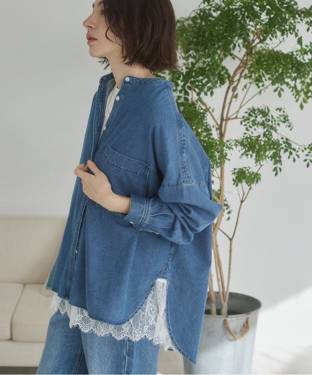 WEGO 【ANGIE VINTAGE】オーバーサイズ バンドカラー デニムシャツ ブルーその他