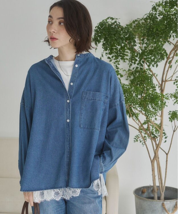 WEGO 【ANGIE VINTAGE】オーバーサイズ バンドカラー デニムシャツ ブルーその他