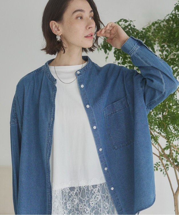 WEGO 【ANGIE VINTAGE】オーバーサイズ バンドカラー デニムシャツ ブルーその他