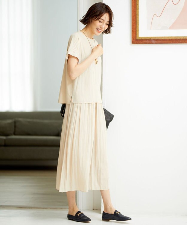 自由区 【セットアップ可/洗える】ブライトサテンライト ギャザーパンツ ベージュ系