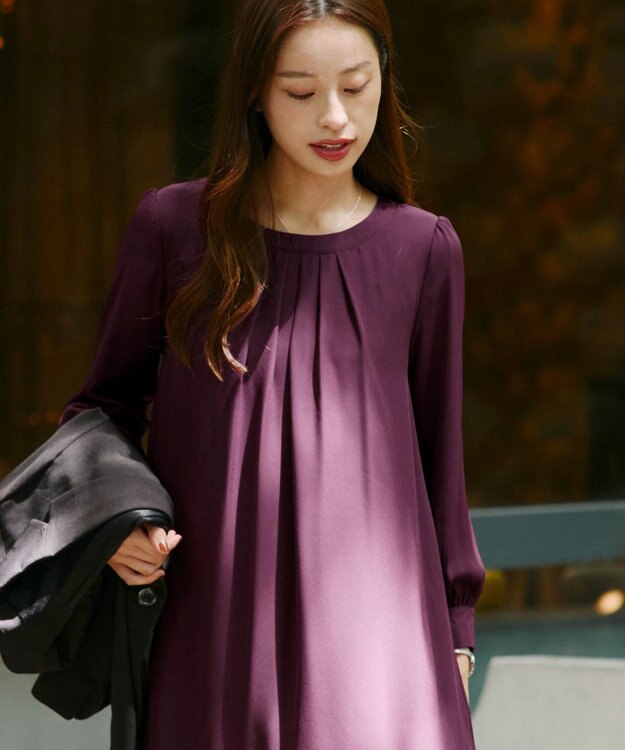 Tiaclasse L 【新色追加・洗える】裏起毛ジョーゼット胸元タックチュニックブラウス ボルドー