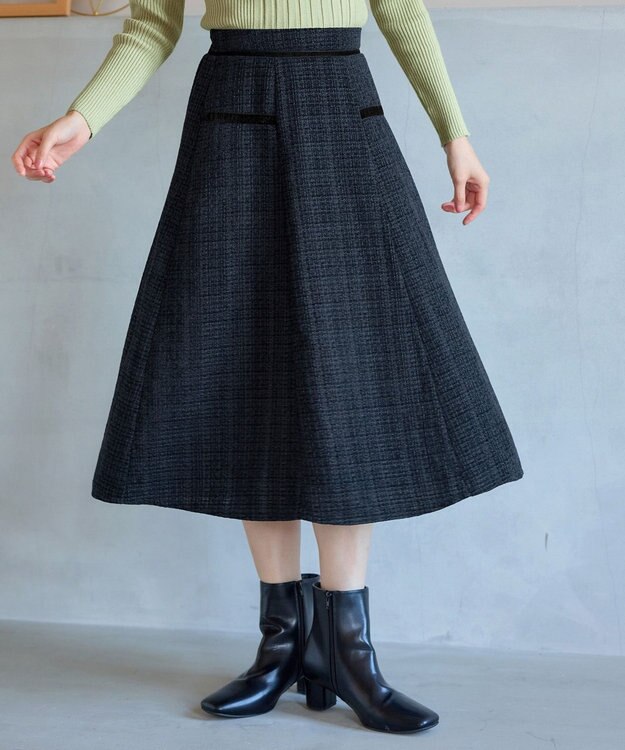 Tiaclasse L ベロアラインツイードスカート チャコールグレー