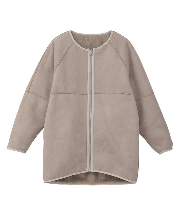 earth music&ecology 【リバーシブル】ノーカラーフェイクムートンコート Pink Beige