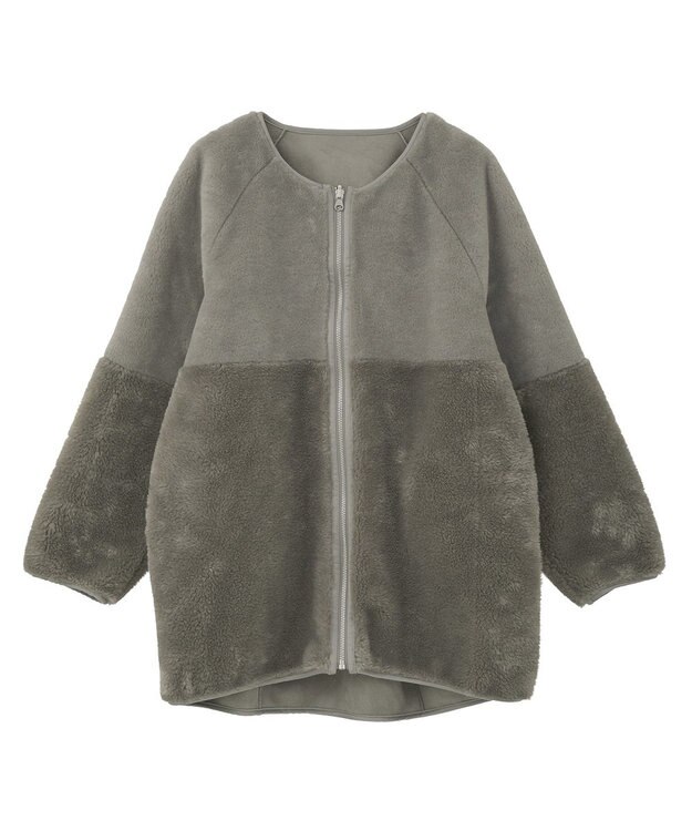 earth music&ecology 【リバーシブル】ノーカラーフェイクムートンコート Khaki