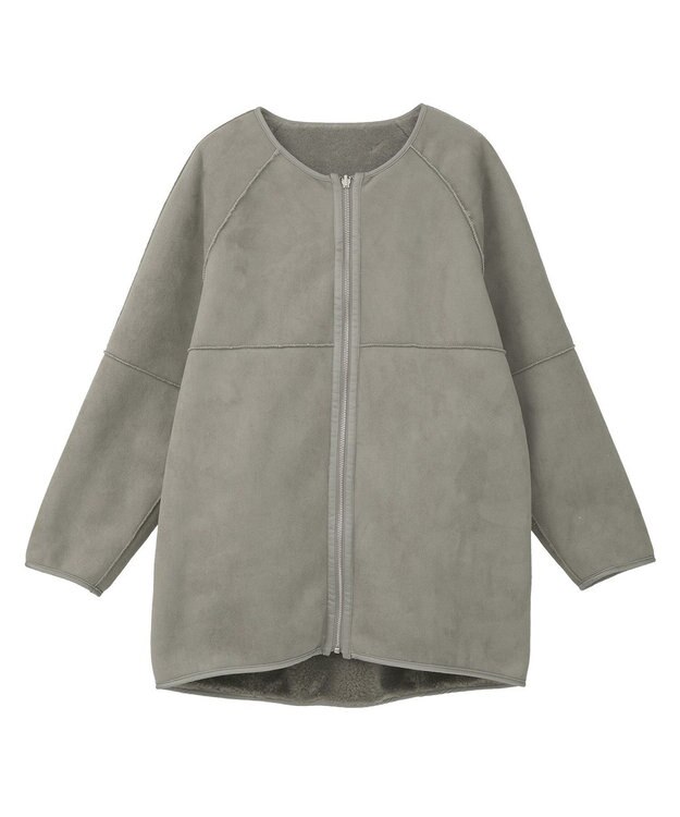 earth music&ecology 【リバーシブル】ノーカラーフェイクムートンコート Khaki