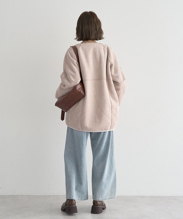 earth music&ecology 【リバーシブル】ノーカラーフェイクムートンコート Pink Beige