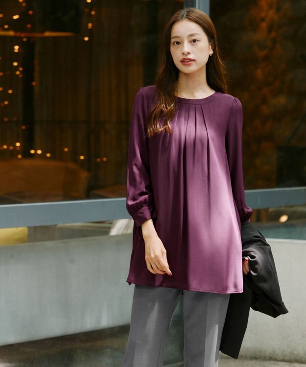 Tiaclasse L 【新色追加・洗える】裏起毛ジョーゼット胸元タックチュニックブラウス ボルドー